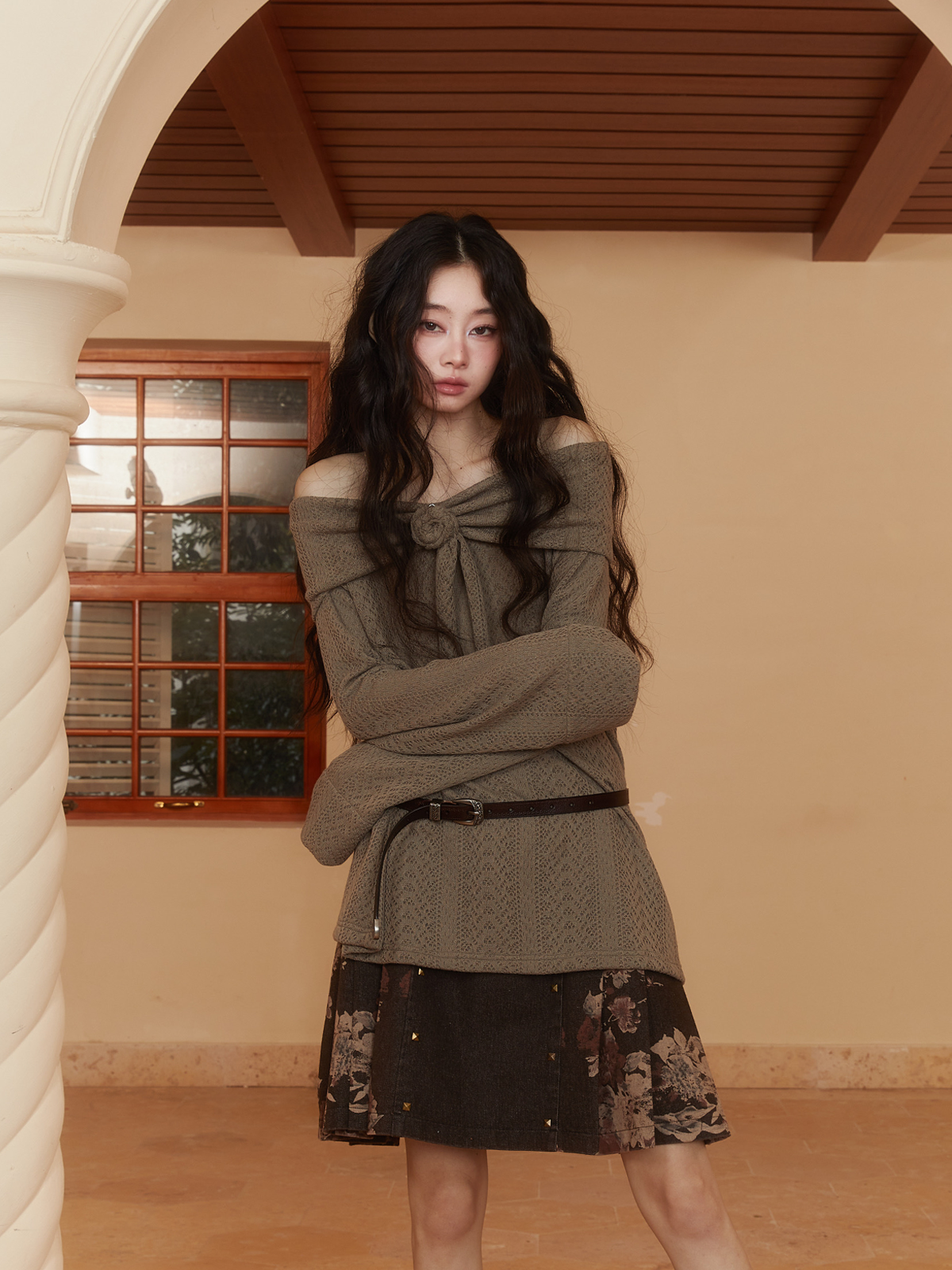 리본 로즈 루즈 오프숄더 2Way 롱 니트