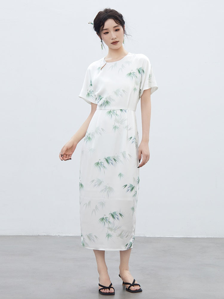 Water-Color Banboo Japanese-Style Retro Long One-Piece