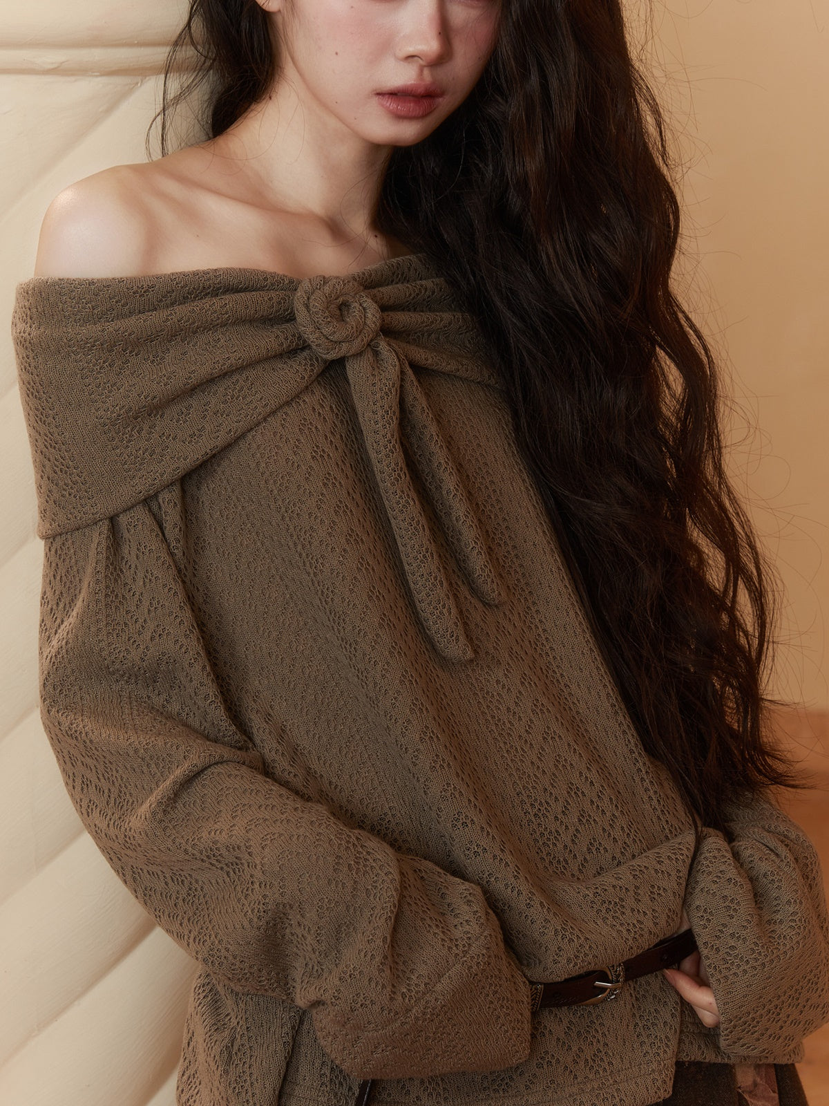 리본 로즈 루즈 오프숄더 2Way 롱 니트