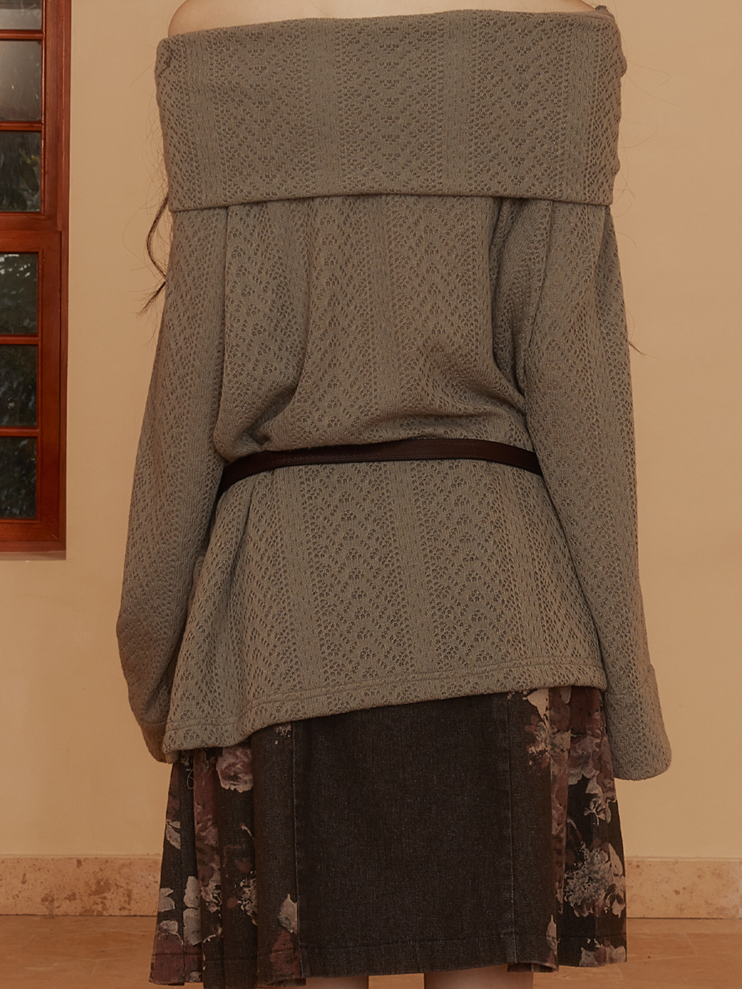 리본 로즈 루즈 오프숄더 2Way 롱 니트