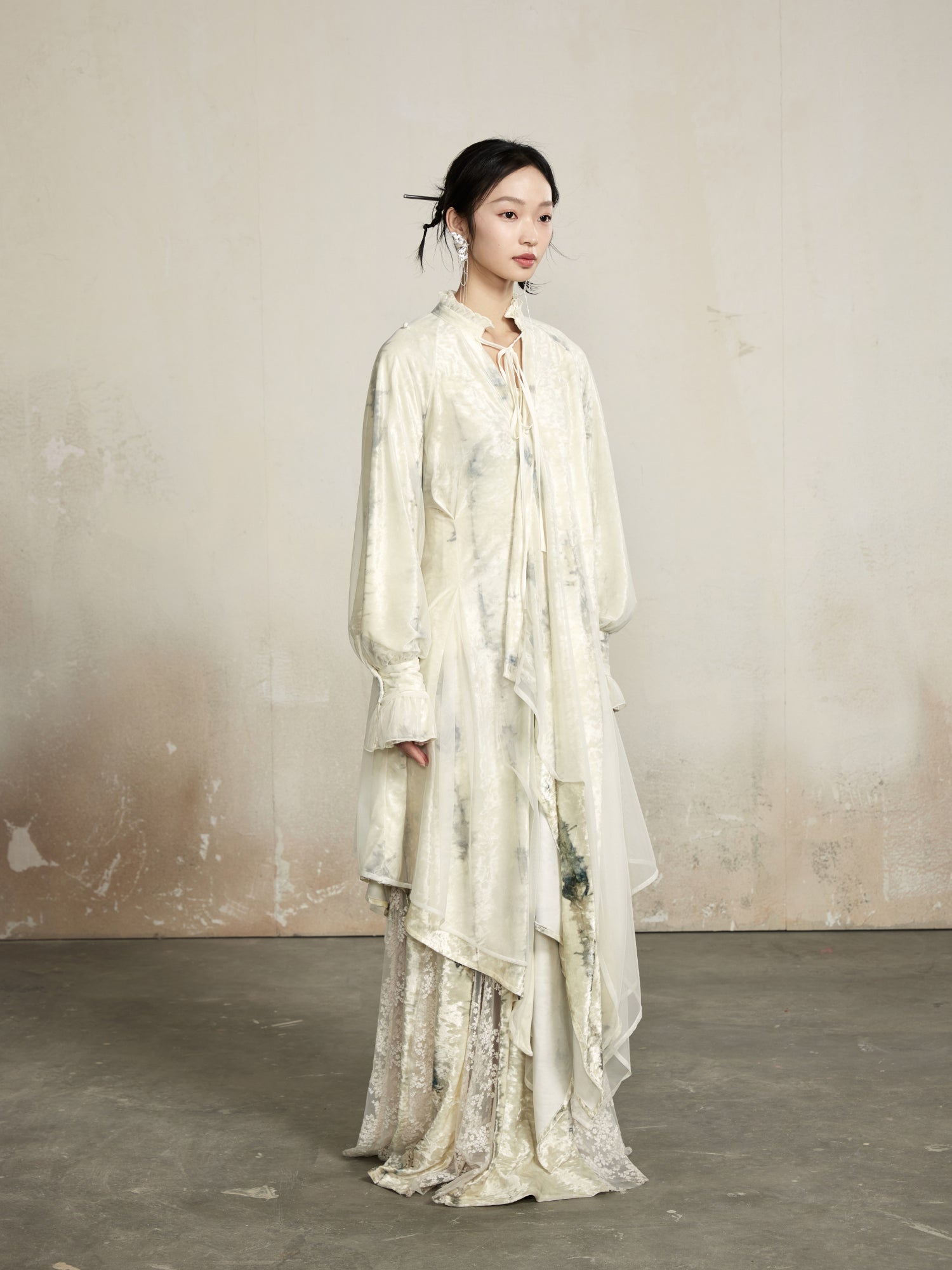 Asymmetry Classy Drape Sheer Long Gather Glossy Outer