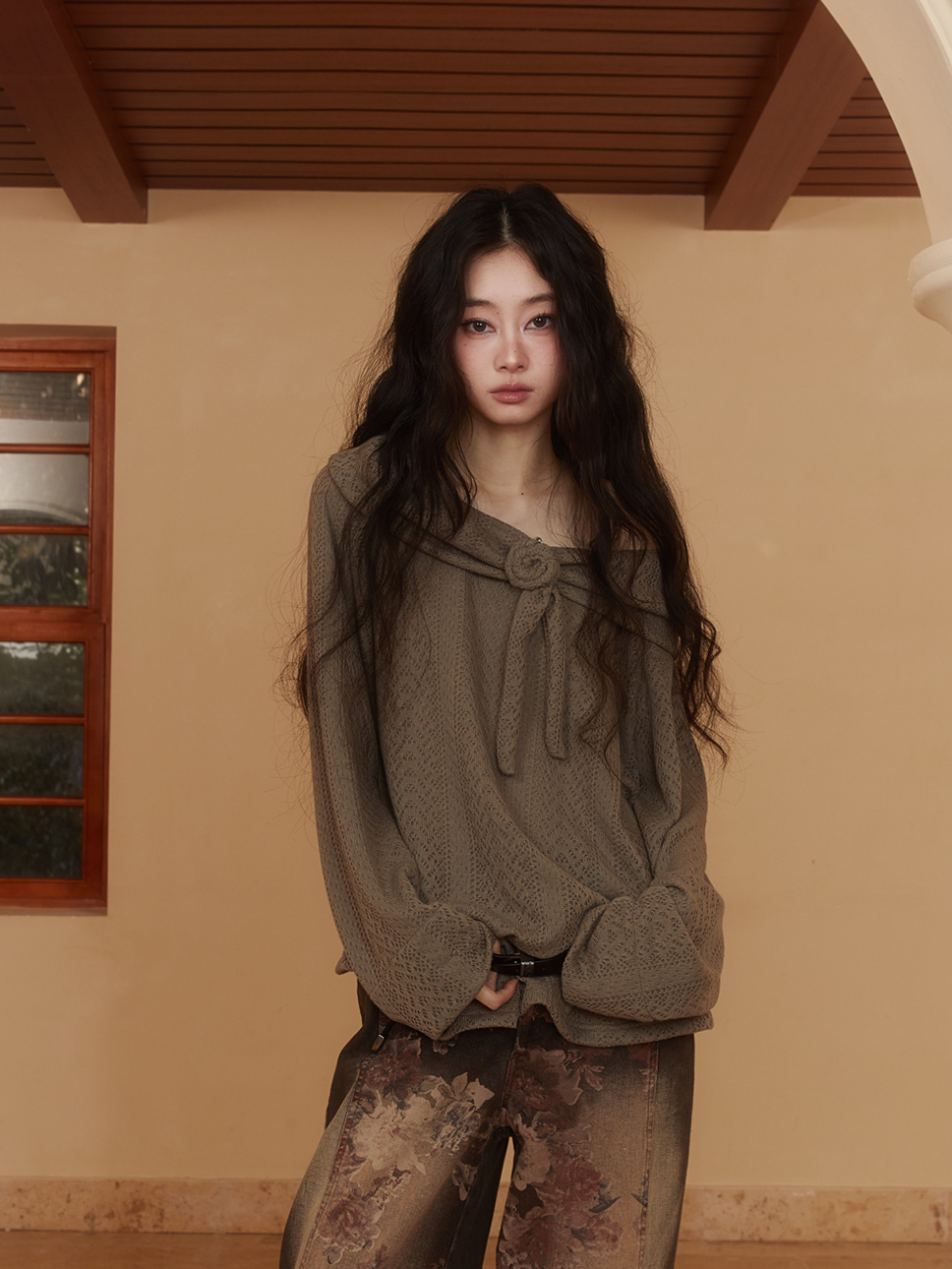 리본 로즈 루즈 오프숄더 2Way 롱 니트