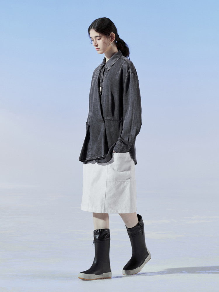 데님 비대칭 드레이프 니치 씻기 셔츠