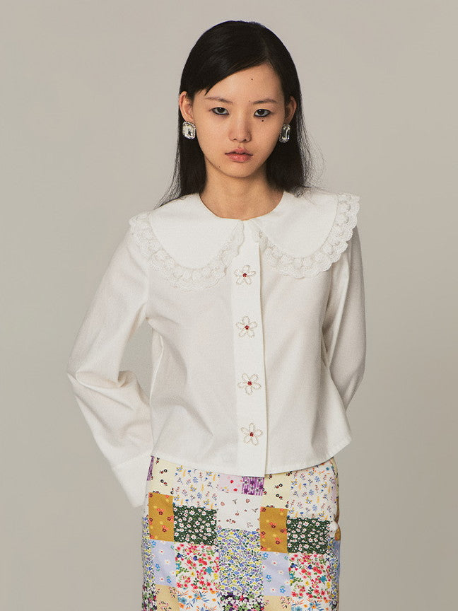 Frill-Collar Flower Girly Cute Beads Blouse
