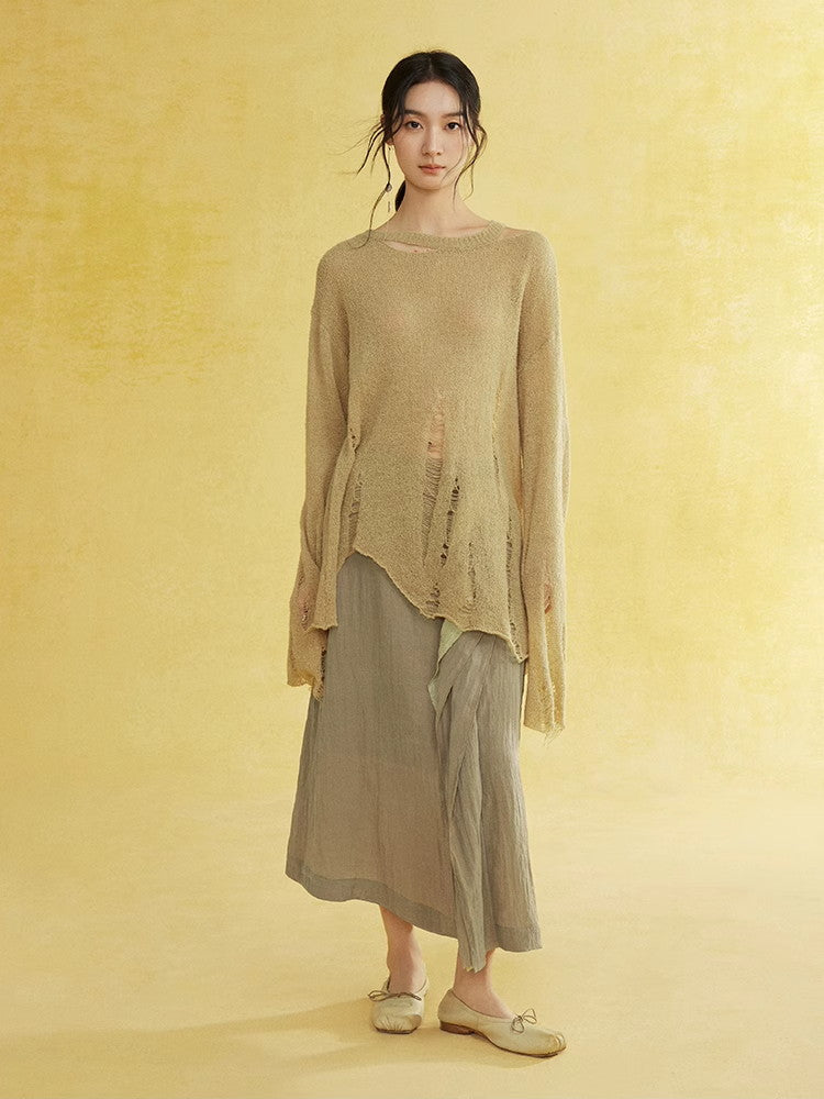 비대칭 손상 난소 캐주얼 커버 니트