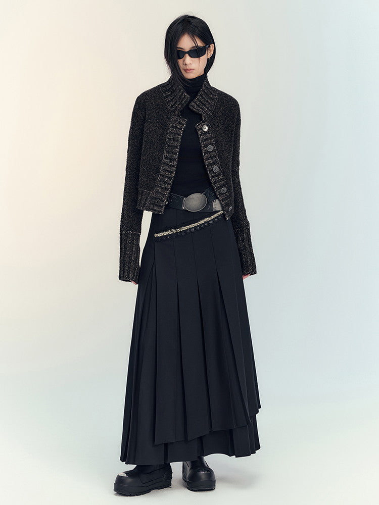 Box-Pleats Flare Glitter Plain Long-Skirt
