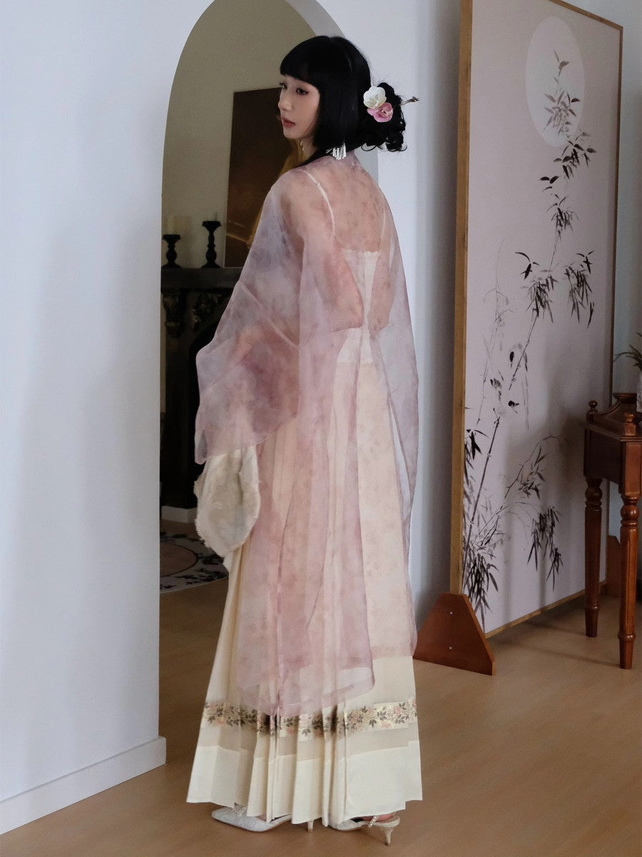 Embroidery Flowr Retro Sheer Box-Pleats Long-Skirt