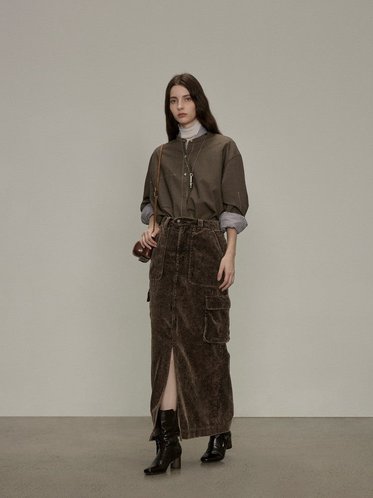 Side-Pocket Corduroy Plain Thick Casual Slit Long-Skirt