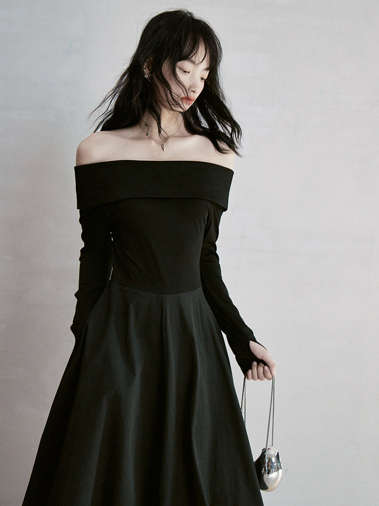 풍선 오프숄더 플레인 롱 원피스