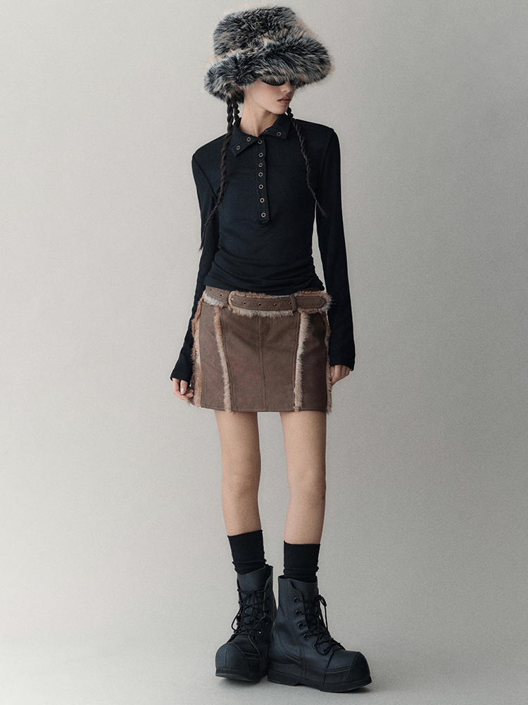 Leather&Fur Short Nichi Trapezoid Mini-Skirt