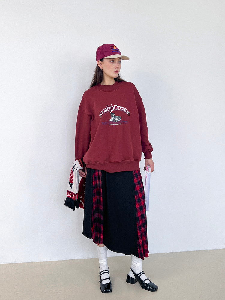 Checked Mix Asymmetry Pleats Girly Cat Pullover&Long-Skirt