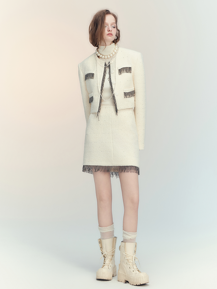 Tassel Wool No-Collar Chic 고급 재킷 미니 스커트