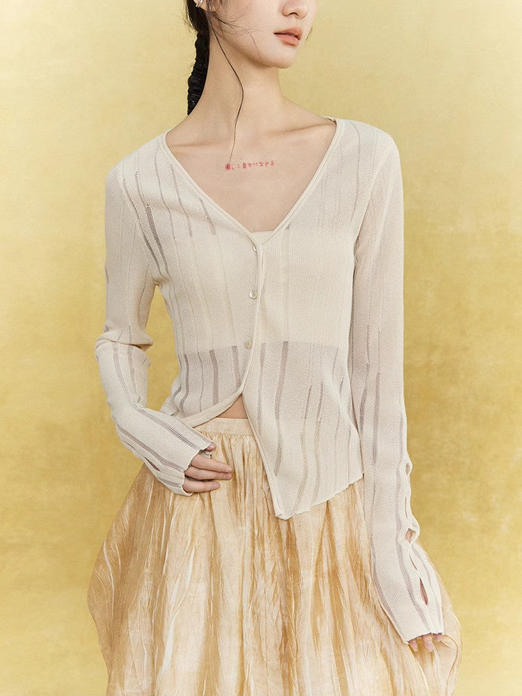 Mesh Sheer Simple Chic Stripe Thin Knit Cardigan