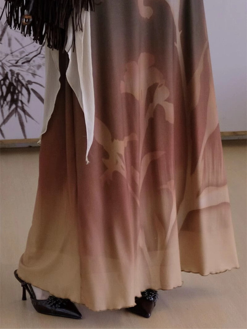 Mellow Gradation Short Nichi Flare-Sleeve Flower Cutsew&Long-Skirt