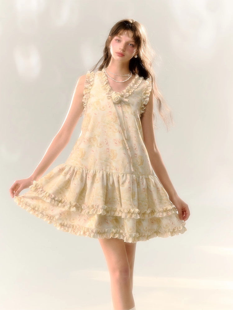 Flower Rose Frill No-Sleeve Sweet Dress