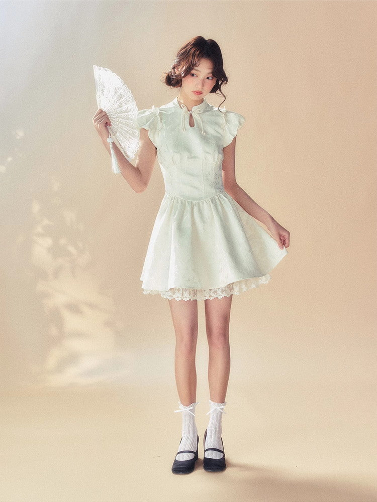 Embroidery Puff-Sleeve Frill Flower Lace Flare Dress