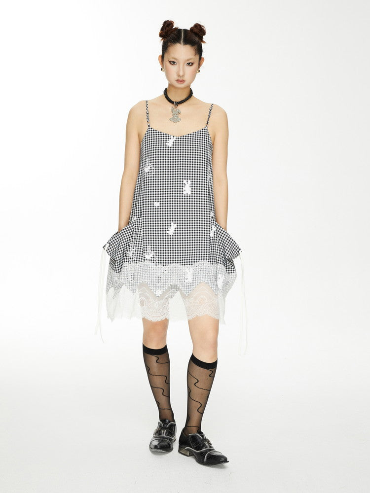 Lace Gingham-Checked Girly Loose Camisole Casual Dress&Pants