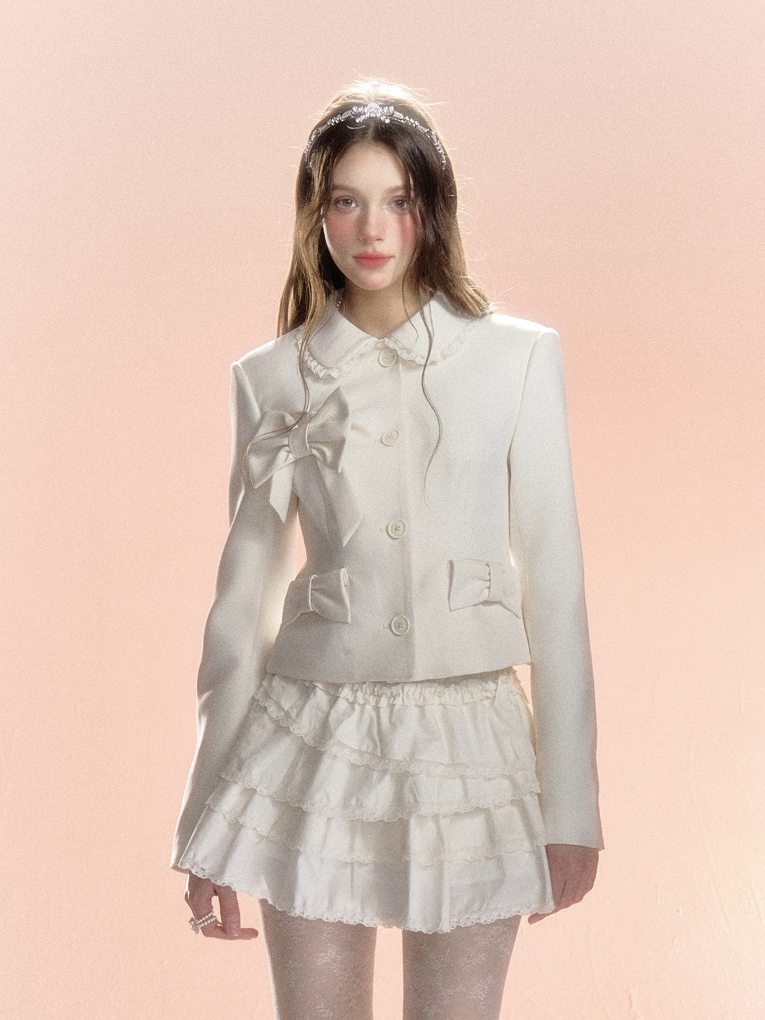 Ribbon Frill Girly Sweet Cute Plain Jacket