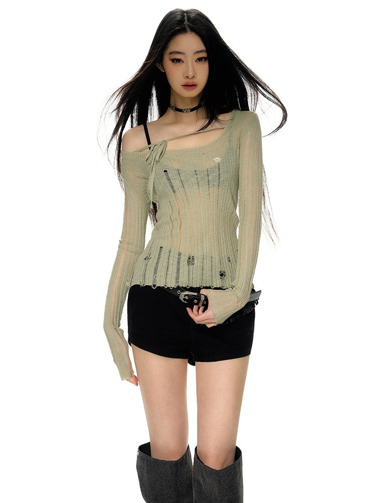 깎아 지른 저가 게이지 캐주얼 한 숄더 메쉬 니치 니트