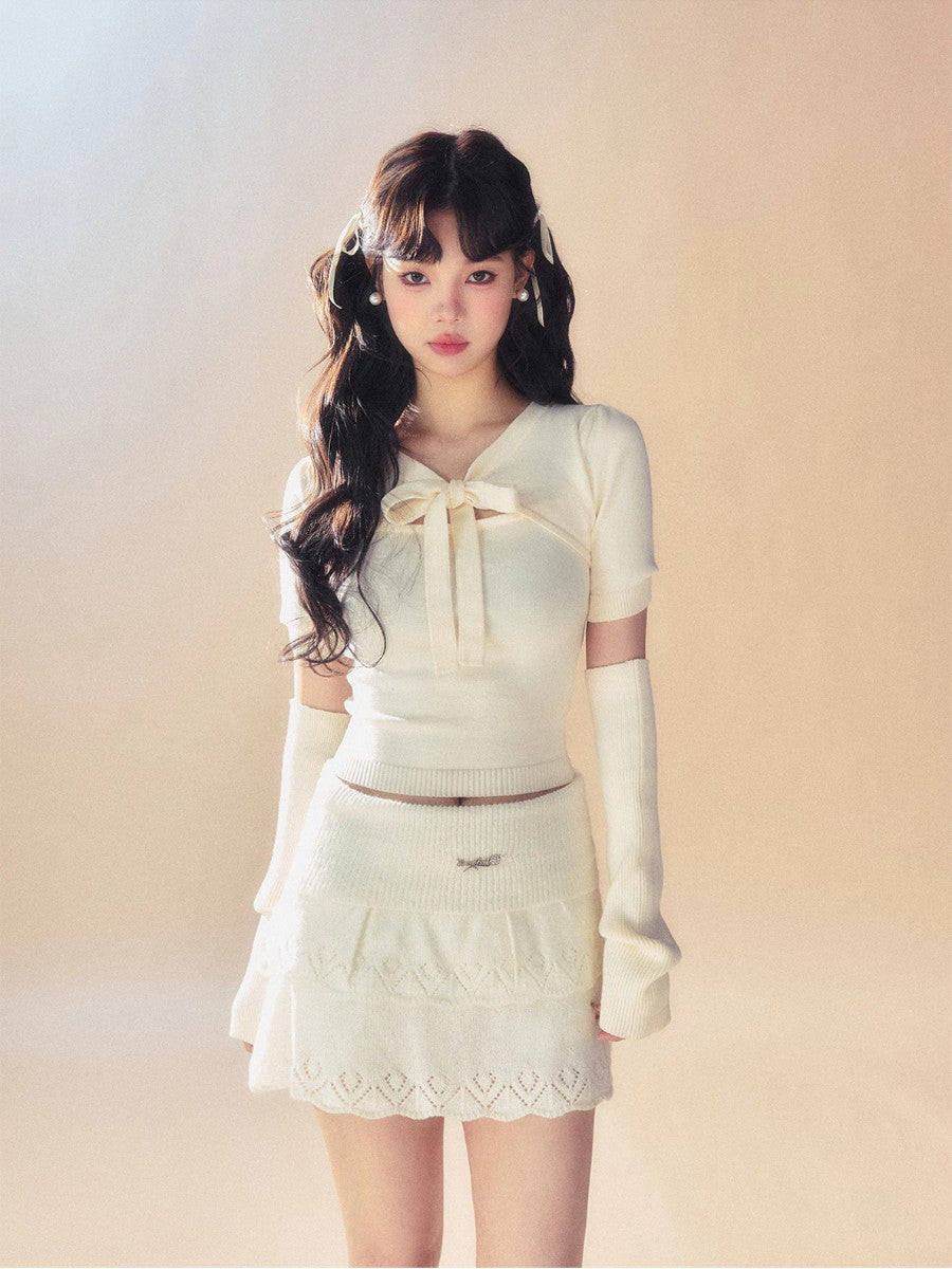 Ribbon à bras en tricot en tricot chic Girly mignons tops et mini-jupe