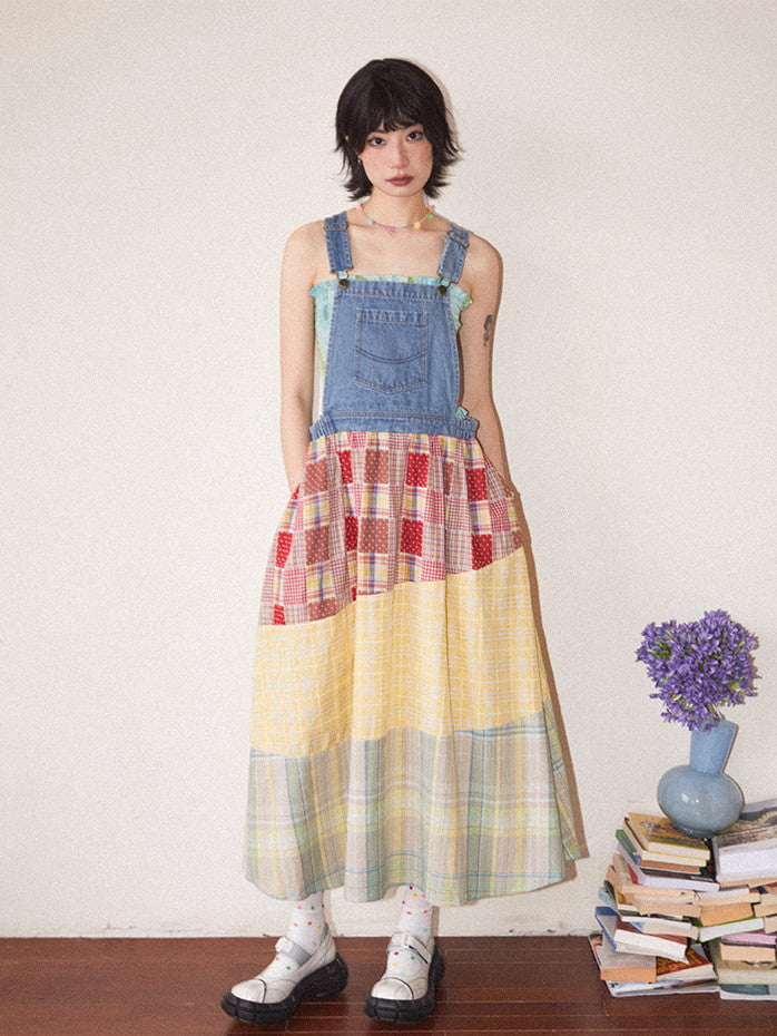 Patchwork Docking Denim Casual Checked Girly Nichi Long One-Piece