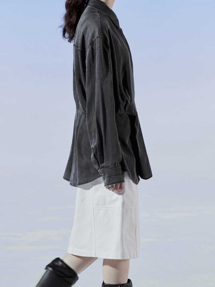 데님 비대칭 드레이프 니치 씻기 셔츠