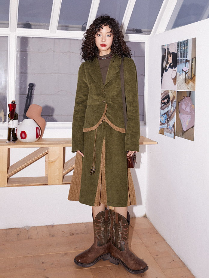 Corduroy Patchwork Flare Retro Simpe Long-Skirt