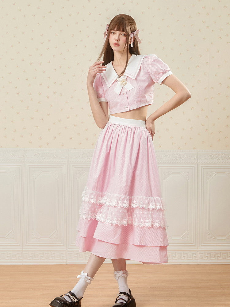Set-Up Stripe Sailor Lace Cute Ribbon College Blouse&Long-Skirt