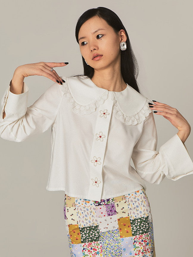 Frill-Collar Flower Girly Cute Beads Blouse