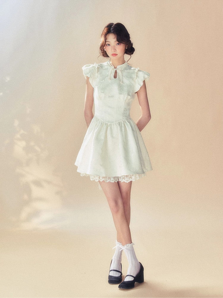 Embroidery Puff-Sleeve Frill Flower Lace Flare Dress