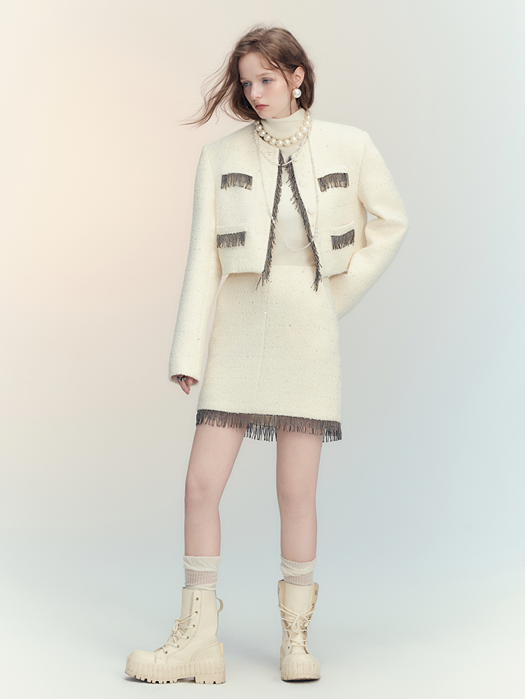 Tassel Wool No-Collar Chic 고급 재킷 미니 스커트