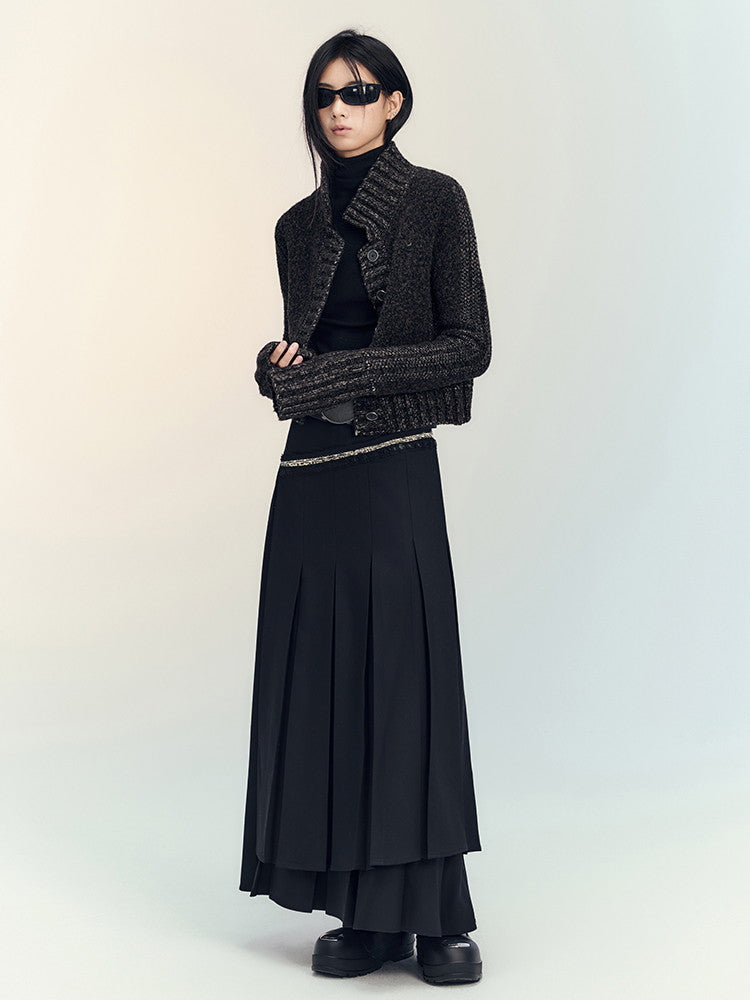 Box-Pleats Flare Glitter Plain Long-Skirt