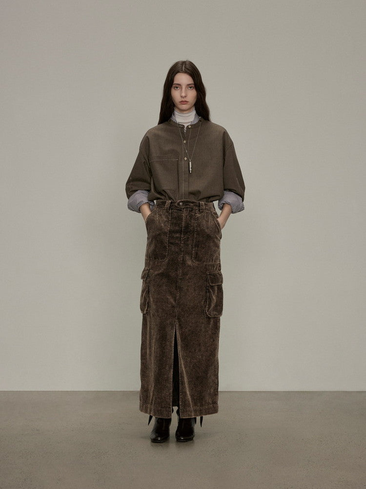 Side-Pocket Corduroy Plain Thick Casual Slit Long-Skirt