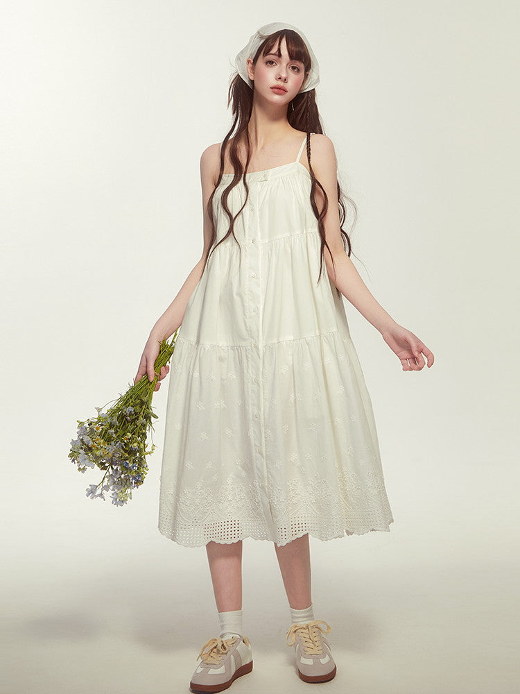 Camisole Lace Stripe Flare Button Layered Casual Dress