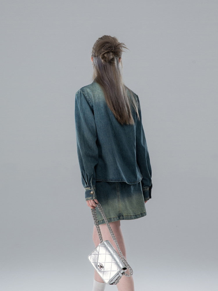 Shirt&Mini-Skirt Denim Gradation Casual Set-Up