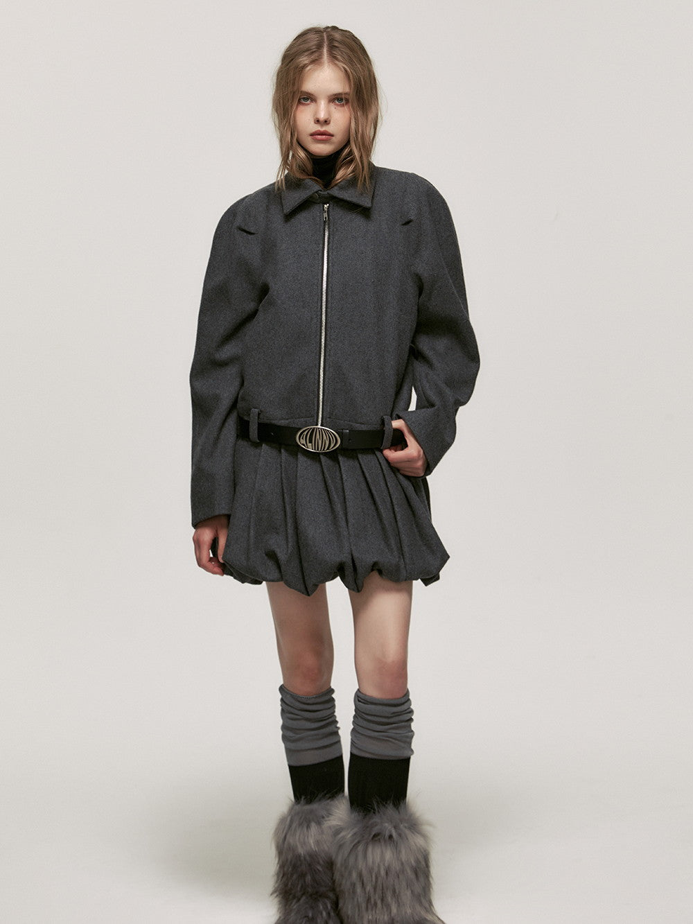 Set-Up Casual Simple Suit Wool Short-Jacket&Balloon-Skirt