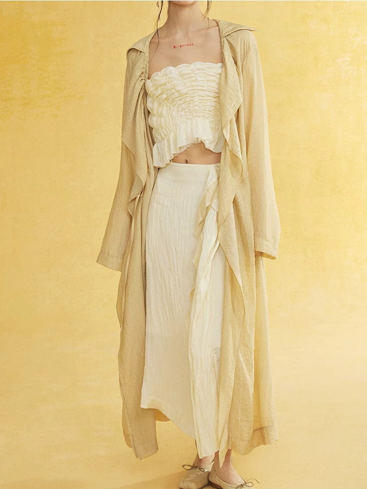 Retro Sheer Oversize Ruffle Wrinkled Long-Cardigan