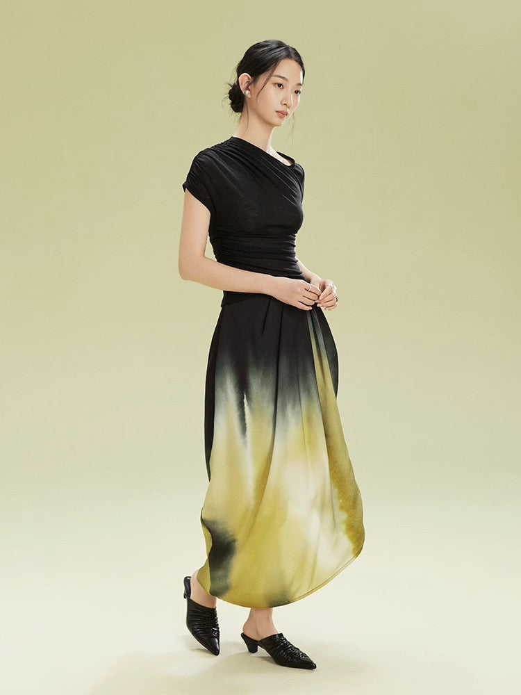 Gradation Nichi Drape Satin Nichi Asymmetry Long-Skirt