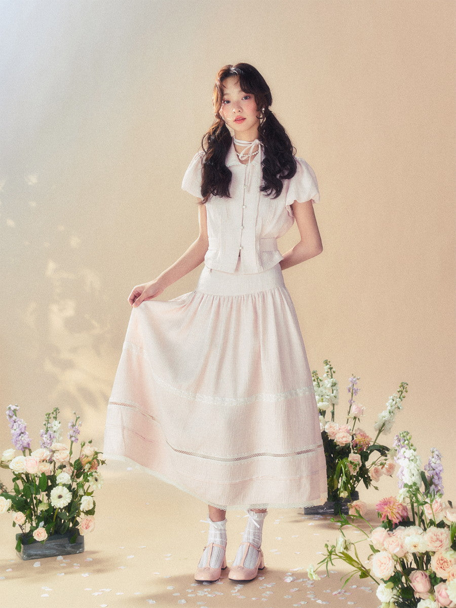 Femineine Puff-Ärmeln Back-Ribbon Spitze Retro Bluse Bluse & Long-Rocke