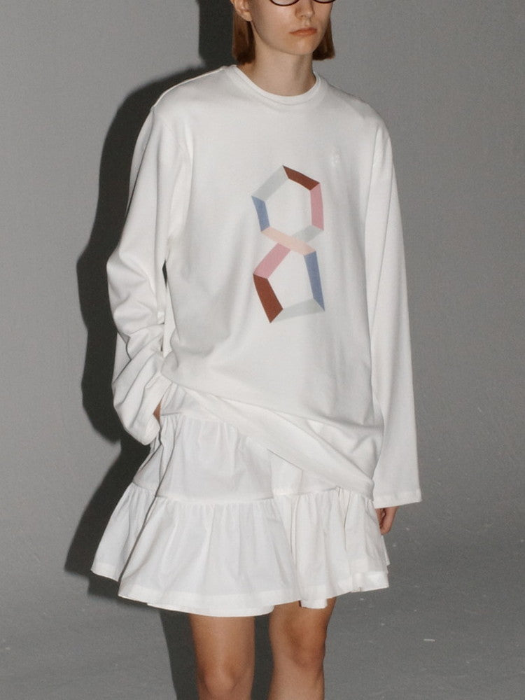 대형 간단한 그래픽 승무원 긴 T- 셔츠