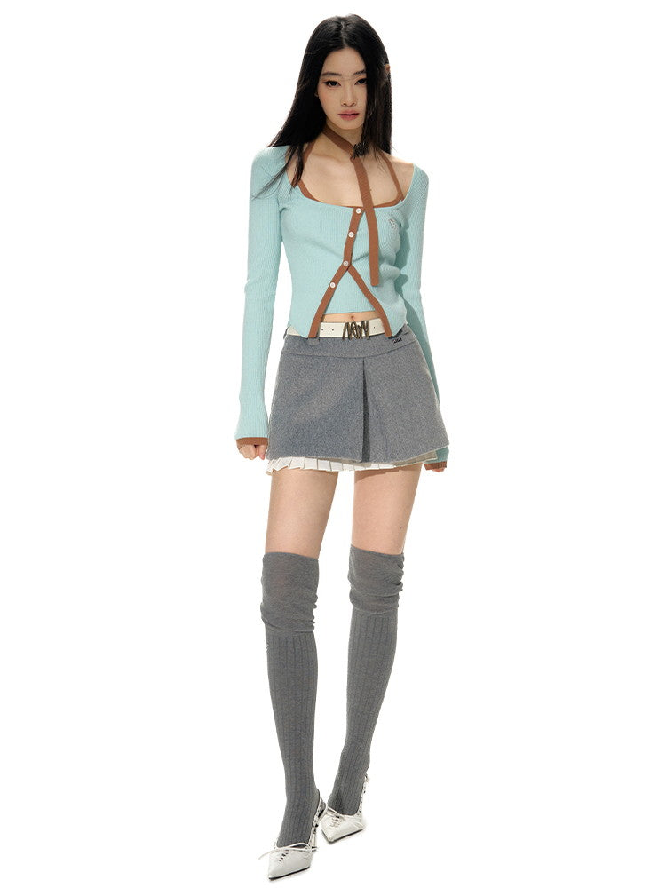 Knit Bi-Color Plain Set-Up Cardigan&Camisole