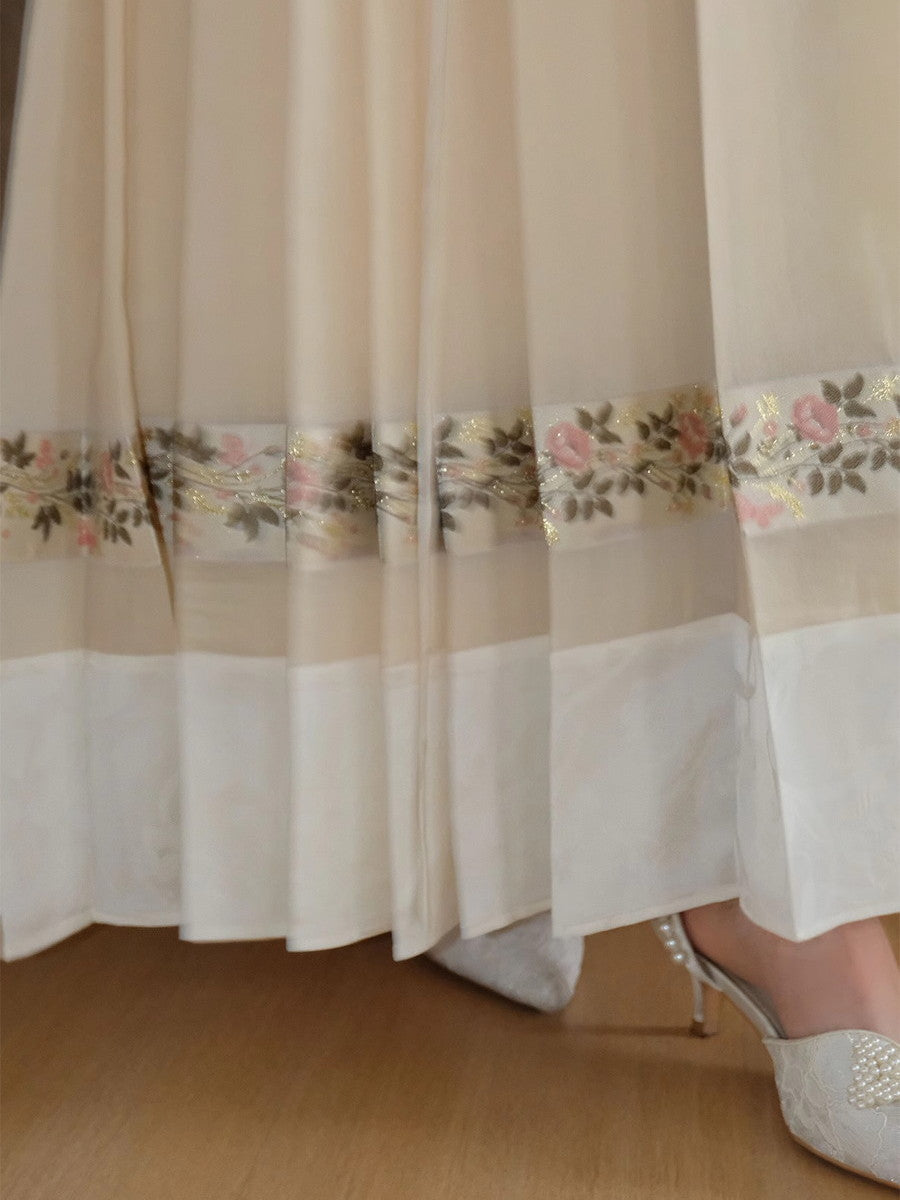 Embroidery Flowr Retro Sheer Box-Pleats Long-Skirt