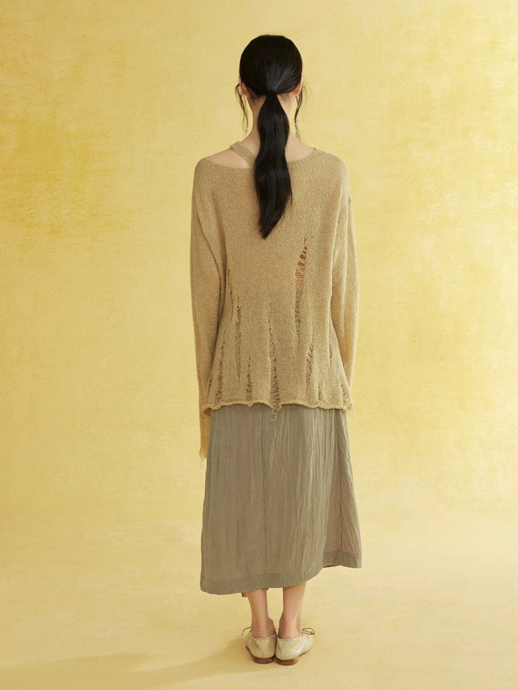 비대칭 손상 난소 캐주얼 커버 니트