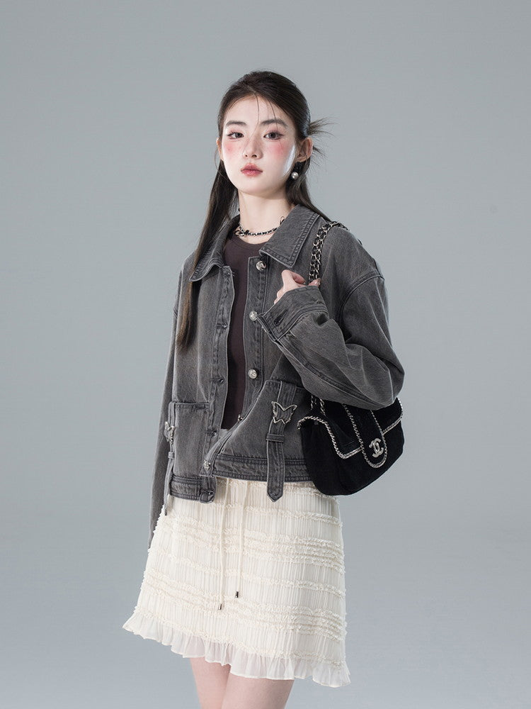 Shirt&Long-Skirt Demin Butterfly Tassel Vintage Set-Up