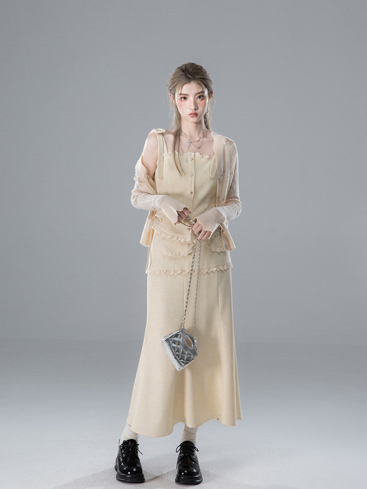 Vest&Blouse&Long-Skirt Frill Lace Suspenders Ribbon Set-Up