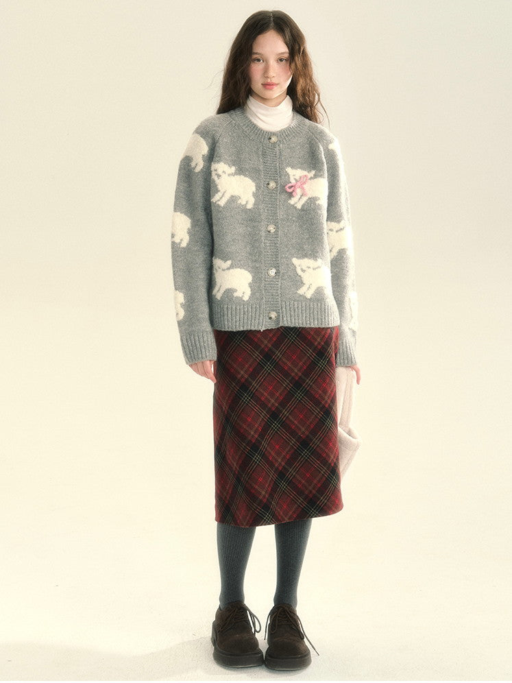 Knit Sheep Ribbon Retro Cres-Neck Cardigan