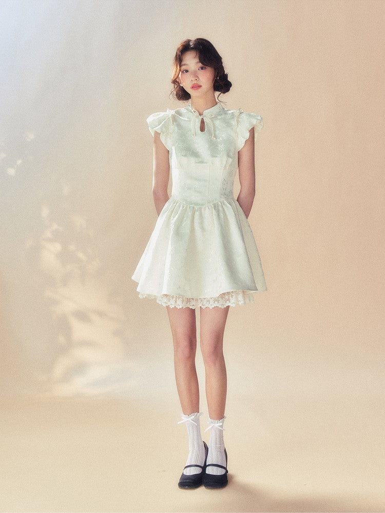 Embroidery Puff-Sleeve Frill Flower Lace Flare Dress