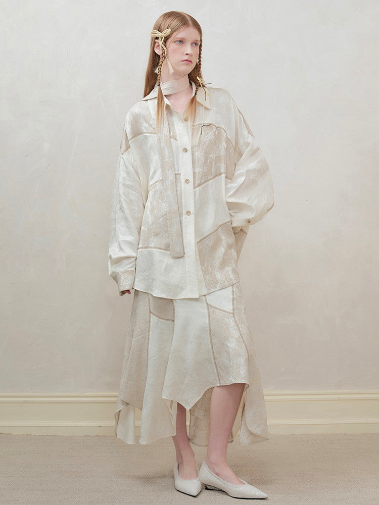 Set-Up Oversize Patchwork Asymmetry Chic Shirt&Long-Skirt