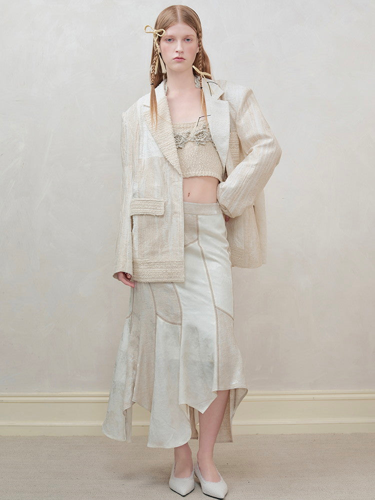 Set-Up Oversize Patchwork Asymmetry Chic Shirt&Long-Skirt