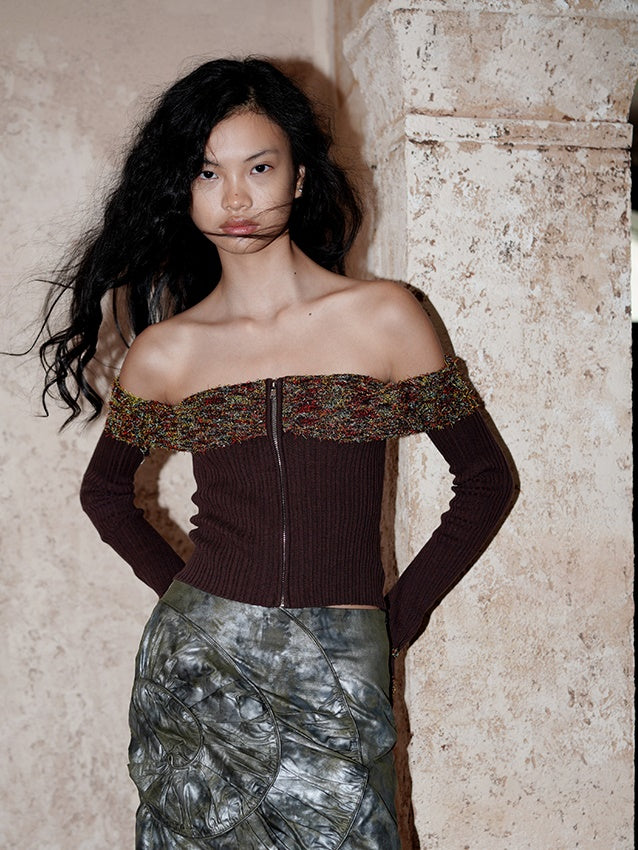 암커버 컬러풀한 오프숄더 지퍼 유니크 니트